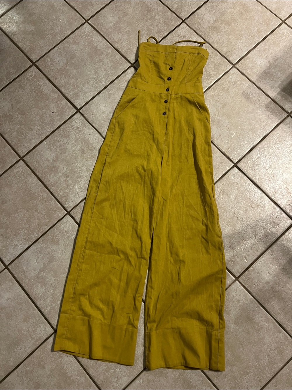 Lulu's Mustard Strapless Wide-Leg Jumpsuit